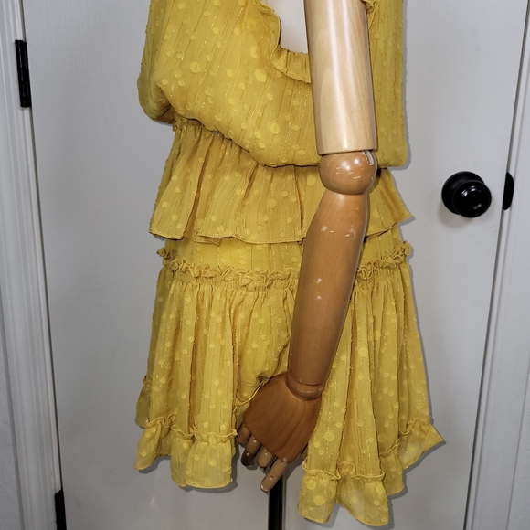 MISA Yellow Polka Dot Ruffle Tiered V-Neck Mini Dress Size Small - Picture 9 of 13